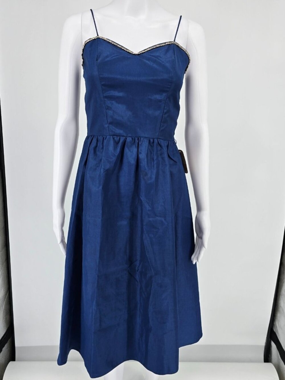 Vintage 1970s Navy Blue Rhinestone Trim Spaghetti Strap Party Dress (XS)